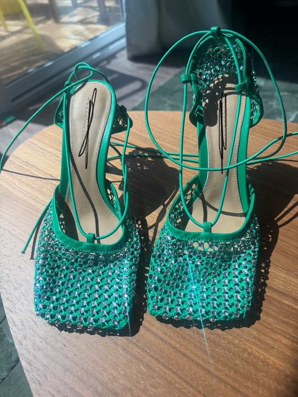 Green Crystal Lace-Up Heels Bottega-like